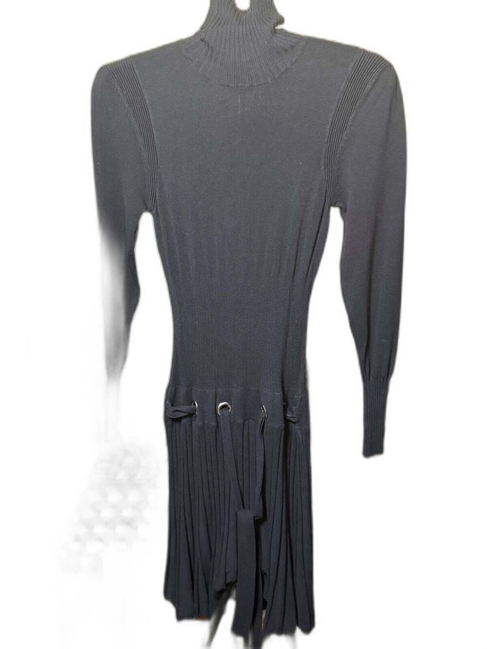 Venus Ribbed Knit Sweater Dress Grommet Tie M Black
